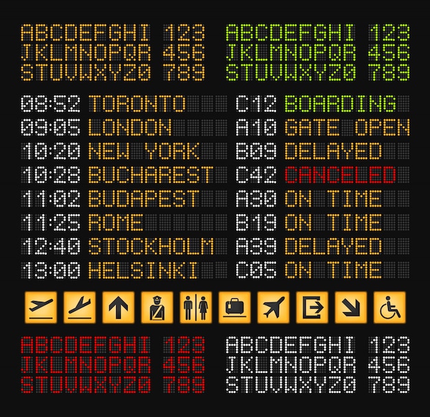 Airport board constructor realistic composition with set of yellow red white and green letters for airport board illustration