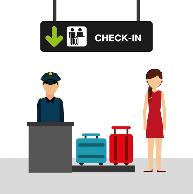 airport concept illustration, woman in airport check-in terminal