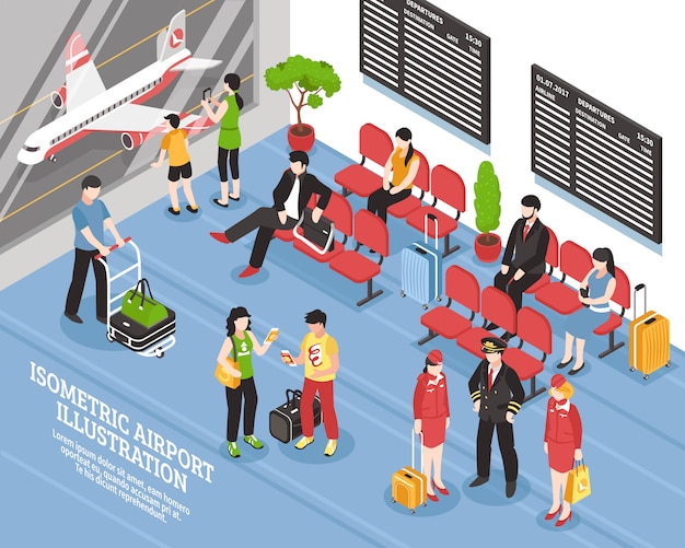 Free vector airport departure lounge isometric poster