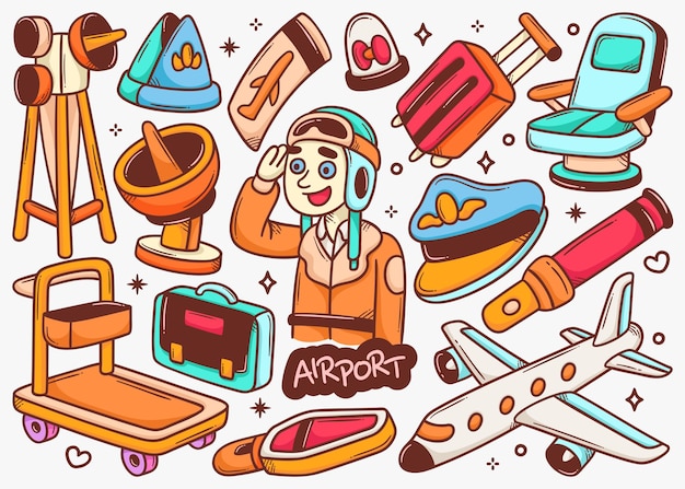 Airport doodle hand drawn color vector collection