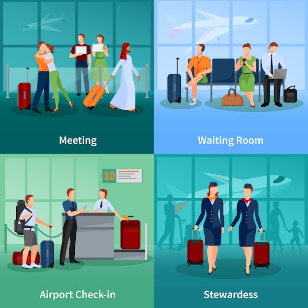 Airport flat concept set of passengers with baggage meeting and\
waiting people