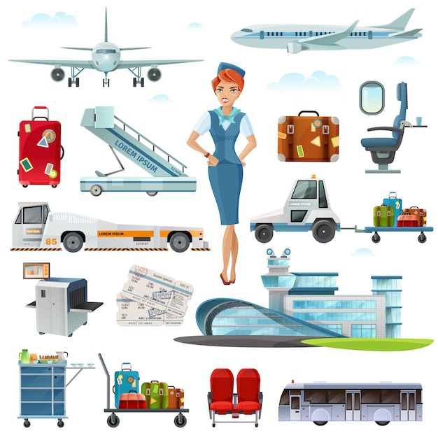 Free vector airport flight accessories flat icons set