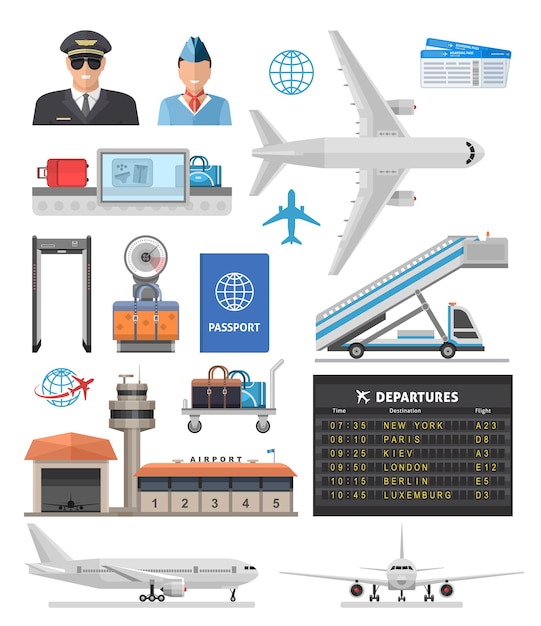 Vettore gratuito icona dell'aeroporto con pilota, hostess, aeromobili e attrezzature