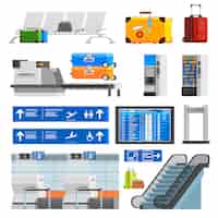 Free vector airport interior flat color decorative icons set