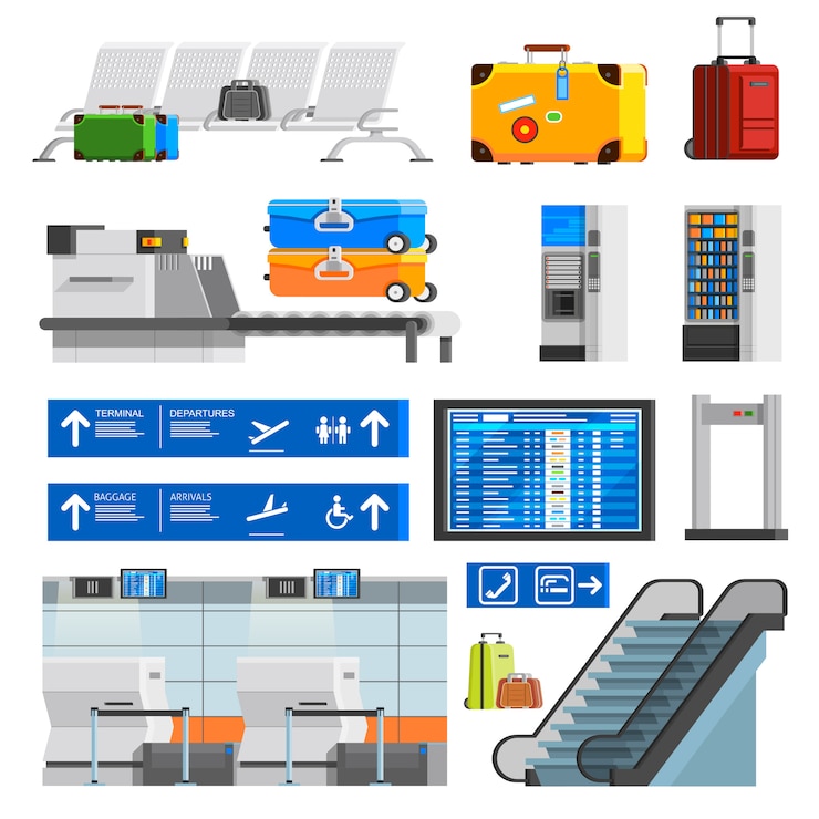 Free Vector airport interior flat color decorative icons set 