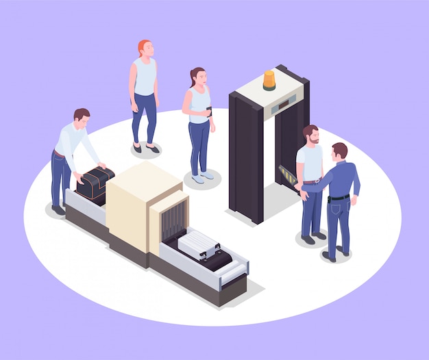 Free vector airport isometric composition with images of scanner devices human characters of passengers and their personal belongings vector illustration