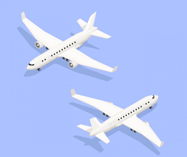 그림자 벡터 일러스트와 함께 두 개의 다른 각도에서 제트 추진 항공기의 고립 된 이미지와 공항 아이소 메트릭 구성