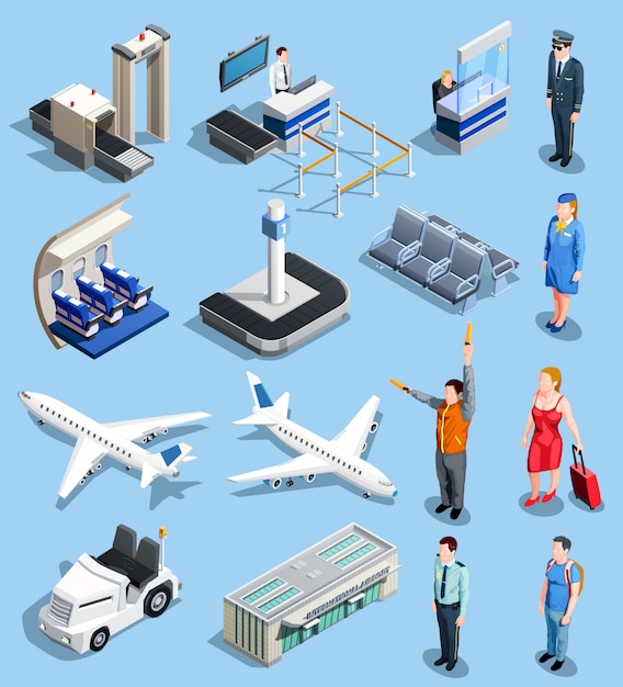 Free vector airport isometric elements set