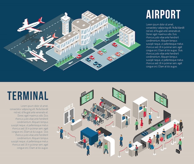 Free vector airport isometric horizontal banners