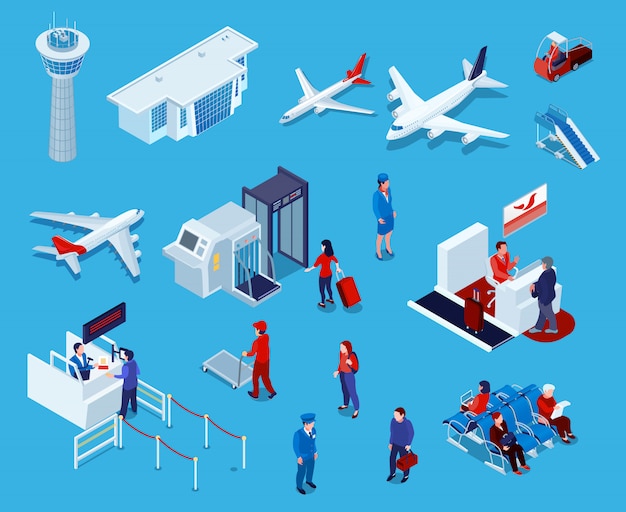 Free vector airport isometric icons set