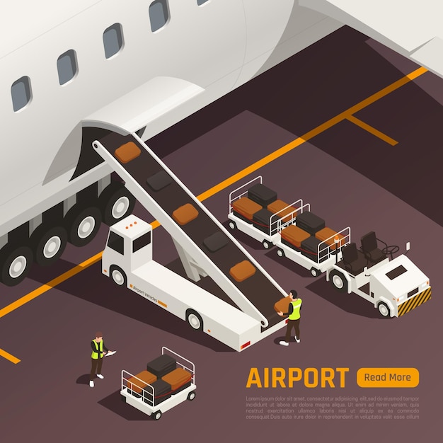 Vettore gratuito illustrazione isometrica dell'aeroporto con le borse di carico del camion del trasportatore agli aerei