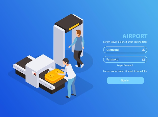 Airport mobile application with traveling and tourism symbols isometric  landing page