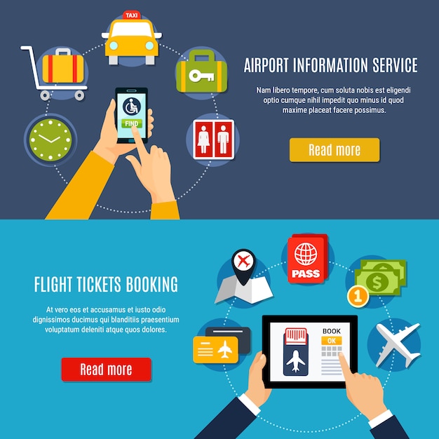 Airport online service flat banner set