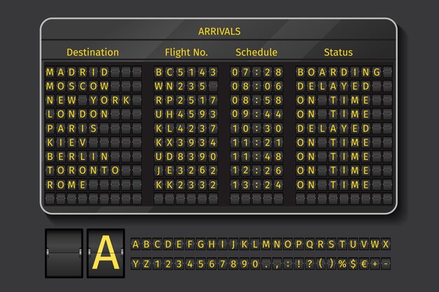 Airport or railway scoreboard. Display airport, info with schedule time, vector illustration