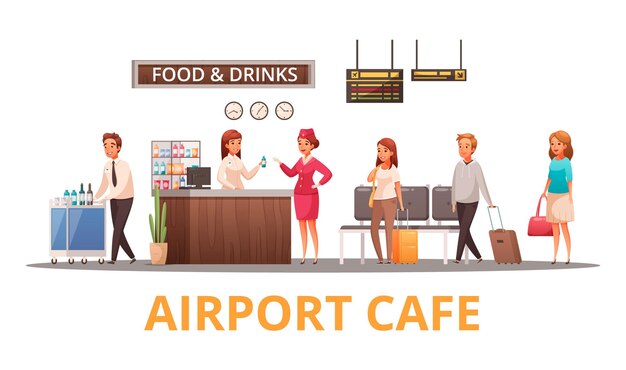 Персонал аэропорта и пассажиры в кафе мультфильм