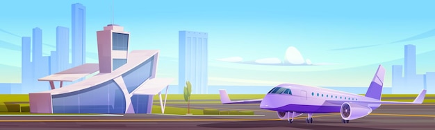 Airport terminal building with dispatcher tower and airplane waiting to flight on runaway Modern metropolis aerodrome or transport hub infrastructure and air transport Cartoon vector illustration