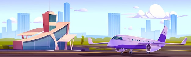 Free vector airport terminal building with tower and airplane