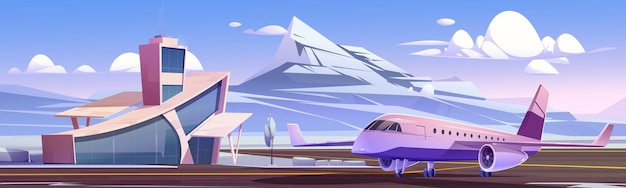 Free vector airport terminal and private jet on runway strip in winter vector cartoon illustration of nordic landscape with small airport building plane on landing field snow and mountains
