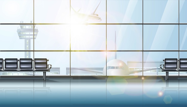 공항 터미널 대기실 내부, 큰 창문과 비행기 및 의자 대기.