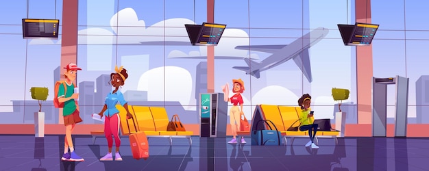 Бесплатное векторное изображение Терминал аэропорта с людьми в ожидании