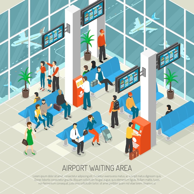 Airport waiting area isometric illustration