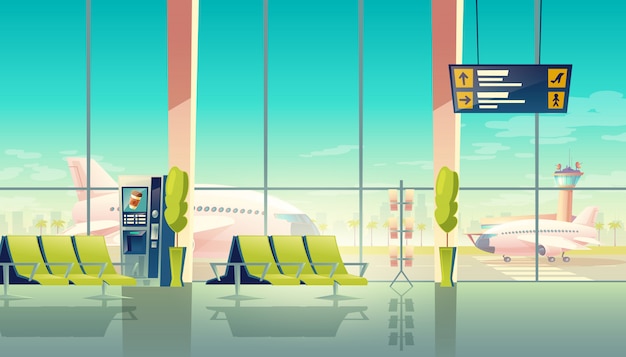 無料ベクター 空港待機ホール - 飛行場の大きな窓、座席、飛行機。旅行のコンセプト。