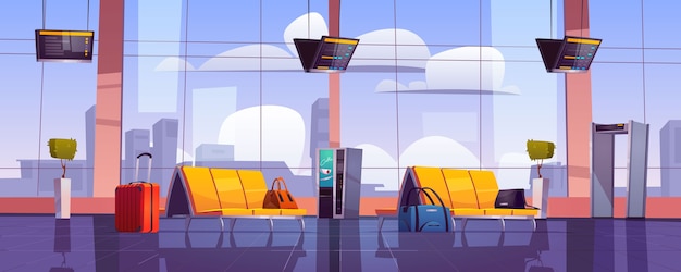 Бесплатное векторное изображение Зал ожидания аэропорта, пустой интерьер терминала со стульями, багажом, сканером безопасности и дисплеем расписания.