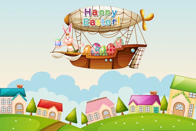 An airship above the hills with an easter greeting