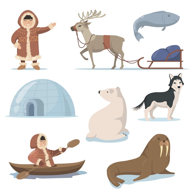 Free vector alaska elements and happy inuits flat set