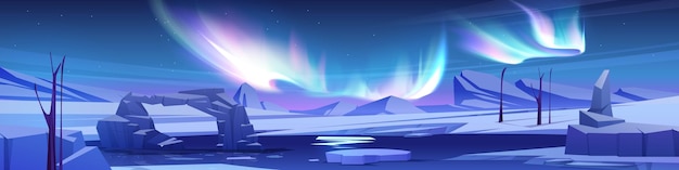 Vettore gratuito fondo panoramico del fumetto notturno dell'alaska con l'aurora polare cielo del nord e fenomeno boreale in un ambiente invernale pacifico paesaggio del lago congelato all'aperto illustrazione del paesaggio della svezia con nessuno