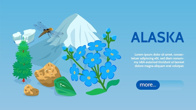 Аляска путешествия экскурсионные туры онлайн изометрический баннер веб-страницы с векторной иллюстрацией морского льда горы ледяная шапка ситкинская ель