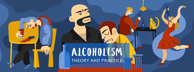 Бесплатное векторное изображение Композиция алкогольной зависимости с плоскими символами теории и практики