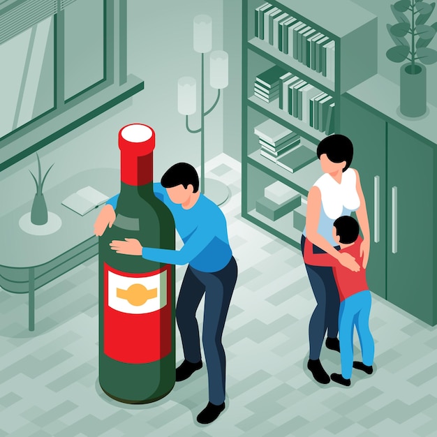 Free vector alcohol addiction isometric concept with addicted man hugging bottle of wine and his frightened family 3d vector illustration