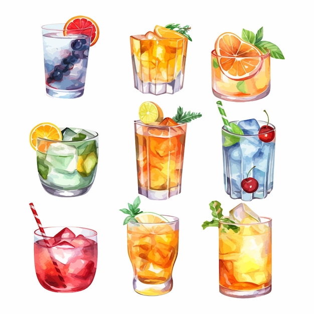 Alcohol cocktail collection watercolor illustration drinks clipart