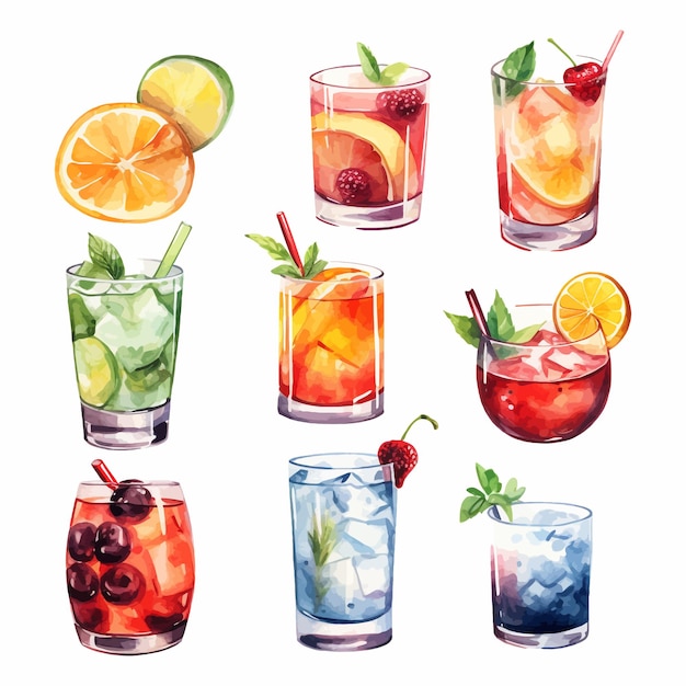 Alcohol cocktail collection Watercolor illustration Drinks clipart