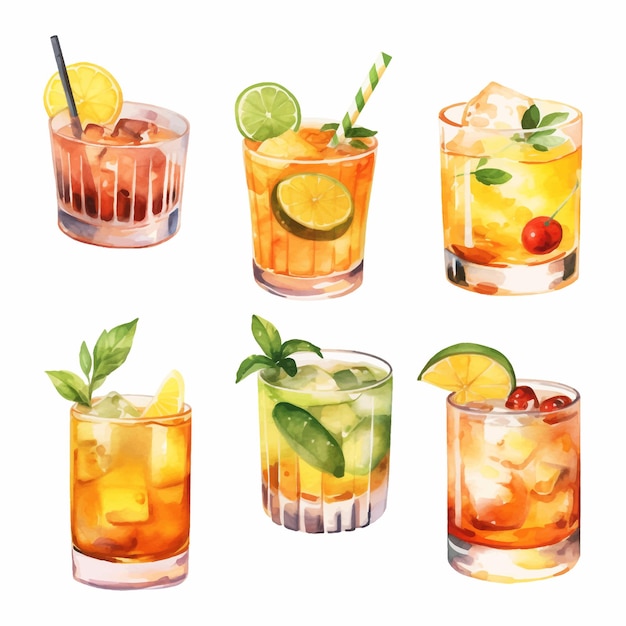 Бесплатное векторное изображение Коллекция алкогольных коктейлей акварельные иллюстрации клипарт напитков