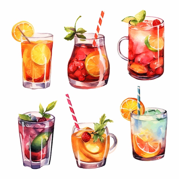 Alcohol cocktail collection watercolor illustration drinks clipart