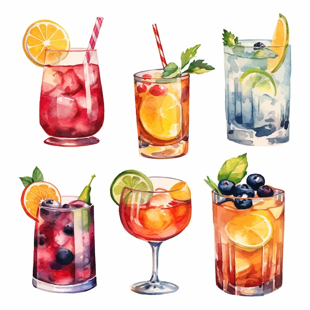 Free vector alcohol cocktail collection watercolor illustration drinks clipart