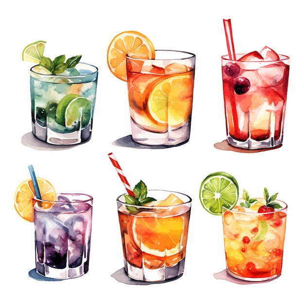 Alcohol cocktail collection watercolor illustration drinks clipart