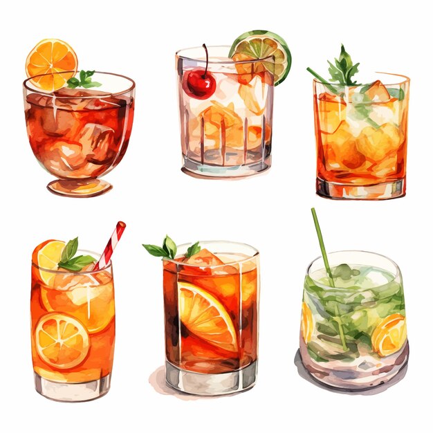 Коллекция алкогольных коктейлей Акварельные иллюстрации Клипарт напитков