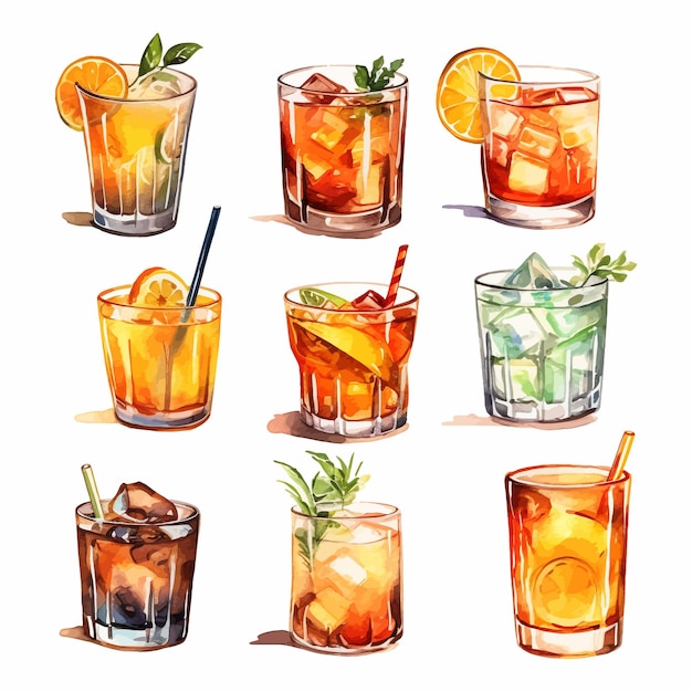 Alcohol cocktail collection Watercolor illustration Drinks clipart