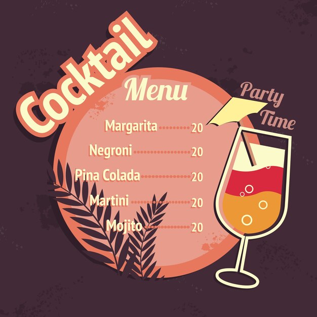 アルコールカクテル飲むレストランビーチカフェメニューカードテンプレートのベクトル図