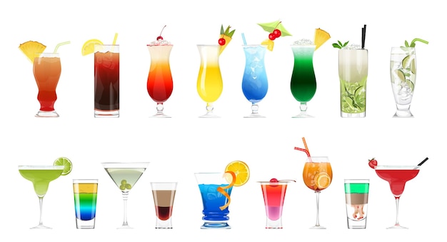 Alcohol cocktails set on white background Colorful drinks with fruits and decorations
