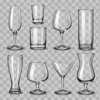 Free vector alcohol drinks glassware realistic set with isolated empty glasses of various classic shapes on transparent background vector illustration