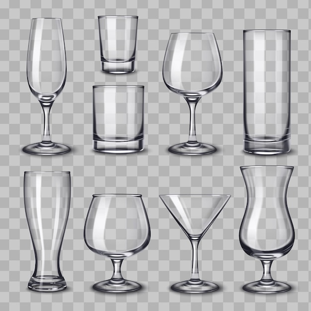 투명한 배경 벡터 삽화에 다양한 고전적인 모양의 격리된 빈 잔이 있는 알코올 음료 유리 제품 현실적인 세트