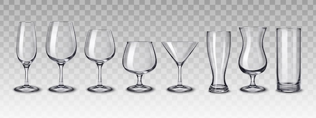 Free vector alcohol drinks glassware set with transparent background and realistic images of empty glasses for different drinks vector illustration