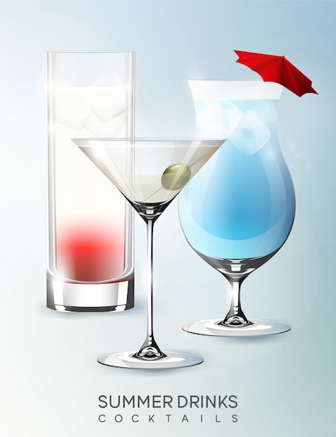 Free vector alcohol summer beverage glasses template with different kinds of cocktails in realistic style isolated