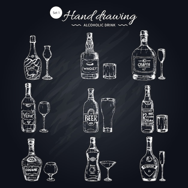 Free vector alcoholic beverages monochrome set