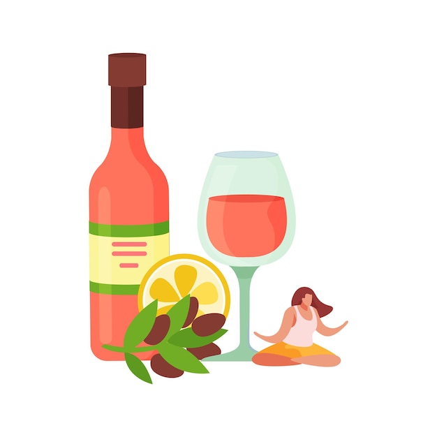 Free vector alcoholic drinks cocktails flat composition with olives and bottle with glass and woman in zen pose
