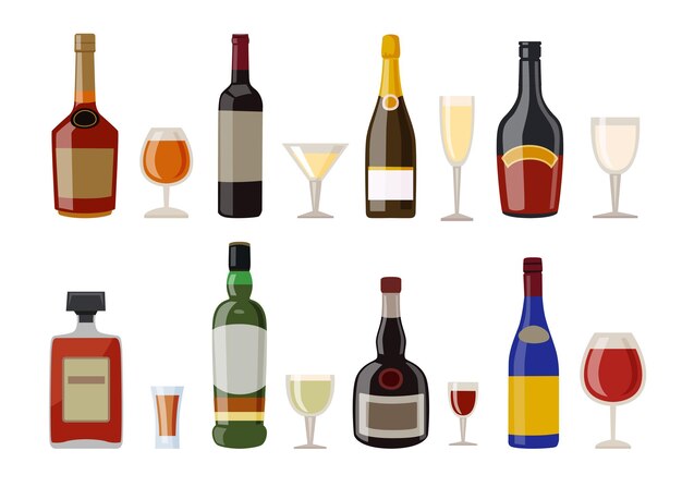 알코올 음료와 안경 벡터 삽화가 설정되었습니다. 흰색 배경에 분리된 레이블, 위스키, 럼주, 와인이 있는 다양한 모양의 술병. 메뉴 디자인을 위한 음료, 알코올 개념